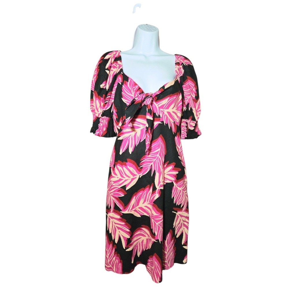 Who What Wear Black Pink Linen-Blend Puff-Sleeve Mini Dress W Pockets M NWT